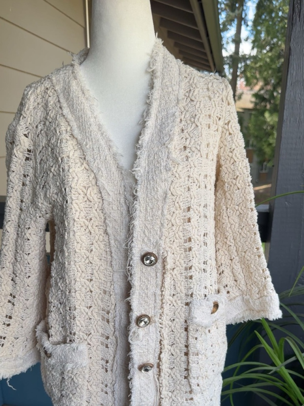 Zara Cream Crochet Button-Front Cardigan
